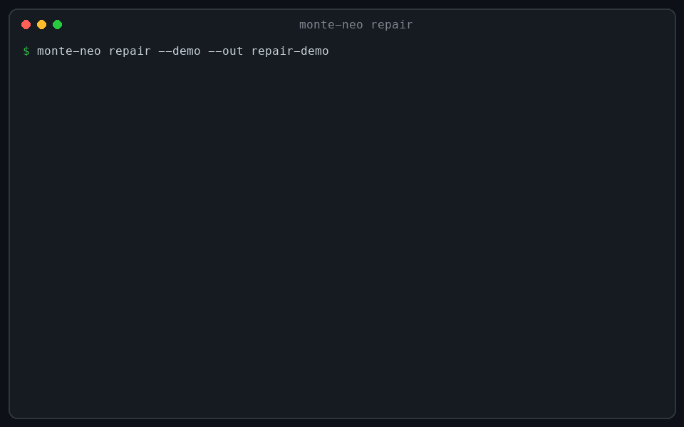 monte-neo repair --demo: the leak is repaired and no edge is left; the noisy trend is smoothed and confirmed on the lockbox; the unseeded strategy is not repairable